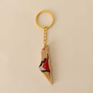 Palestine Map Wooden Keychain with Hand-Painted Flag Detail