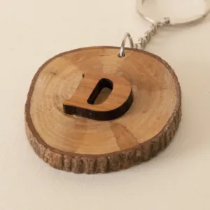 Olive Wood Slice Initial D Keychain with Natural Bark Edge