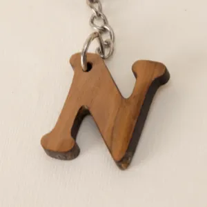 Rustic Wooden Initial N Keychain with Hand-Carved Letter Detail
