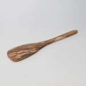 Hand-Carved Olive Wood Flat Cooking Spatula with Long Handle