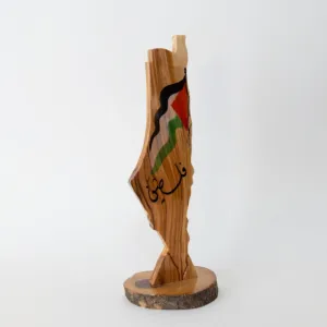 Palestine Map Wooden Sculpture with Flag and Arabic Detail