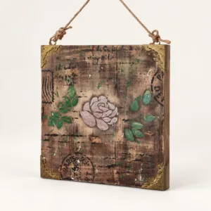 Distressed Rose Postmark Decoupage Wood Wall Art, 23x23 cm