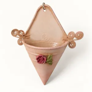 Vintage Pink Metal Hanging Wall Pocket with Clay Rose, 20x12 cm