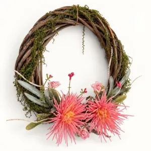 Natural Twig Wreath with Two Pink Flowers, Diameter 24 cm
