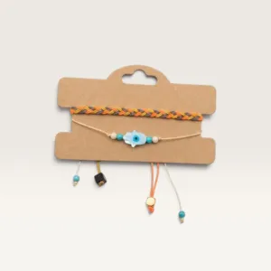 Orange Braided Bracelet Set with Blue Flower Bead