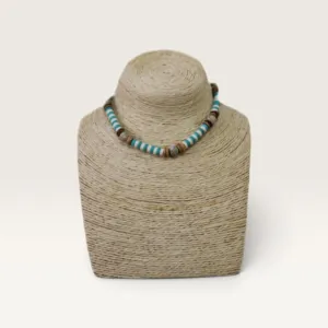Turquoise and Natural Wood-Look Beaded Necklace Handmade and Adjustable