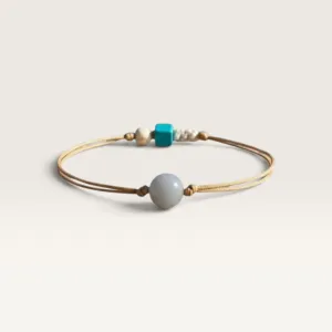 Beige Cord Bracelet with Grey Bead Accent with Adjustable Fit