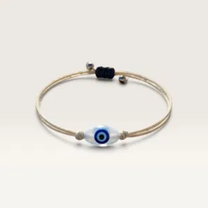 Beige Cord Bracelet with Blue Evil Eye Bead for Everyday Wear