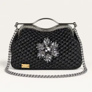 Black Metal Frame Crochet Bag with Crystal Brooch – 17x27 cm