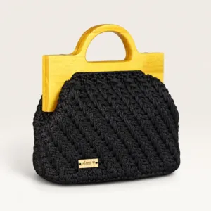 Black Crochet Handbag with Wooden Frame – 22x28 cm