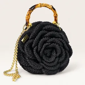 Black Rose-Shaped Crochet Handbag – 26 cm Diameter