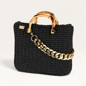 Black Wheat-Stitch Crochet Tote with Wooden Handles – 27x35 cm