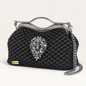Black Frame Crochet Bag with Oval Crystal Brooch – 17x27 cm