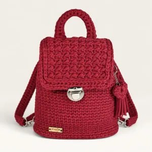Red Handmade Crochet Backpack with Leather Base – 30x30 cm