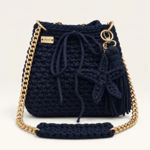 Black Crochet Bucket Bag with Gold Chain – 24x28 cm