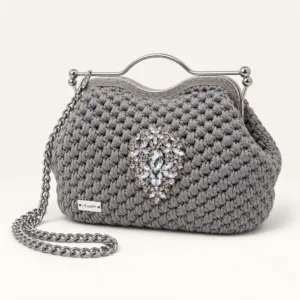 Grey Crochet Frame Bag with Silver Crystal Brooch – 32x19 cm