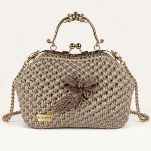 Beige Crochet Frame Bag with Bow Brooch – 20x26 cm