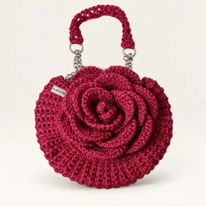 Burgundy Rose Crochet Shoulder Bag Handmade – 27 cm Wide