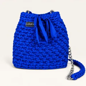 Electric Blue Small Crochet Bucket Bag with Chain – 18x22 cm