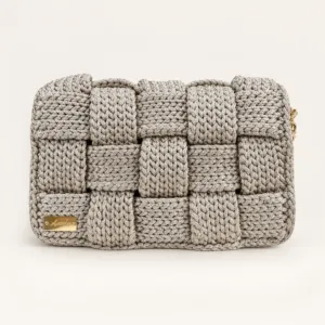 Beige Woven Square Crochet Shoulder Bag with Chain – 25x17 cm