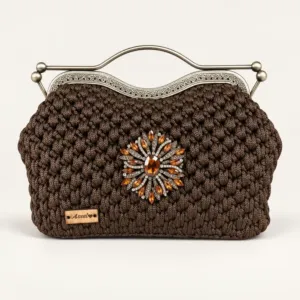 Brown Crochet Frame Bag with Small Crystal Brooch – 20x26 cm