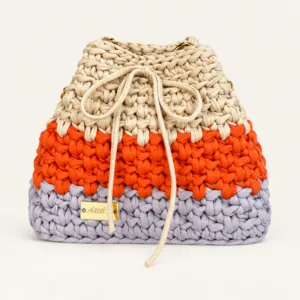 Cream and Orange Small Crochet Bucket Bag with Chain – 18x22 cm
