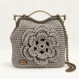 Beige Floral Crochet Frame Handbag Handmade – 26x24 cm