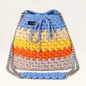 Striped Crochet Bucket Bag with Silver Chain – 24x28 cm