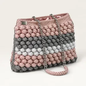 Pink and Grey Popcorn Crochet Shoulder Bag – 28x36 cm