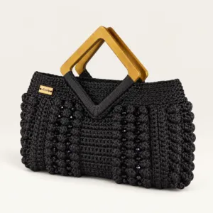 Black Popcorn Crochet Handbag with Wooden Handle – 22x38 cm