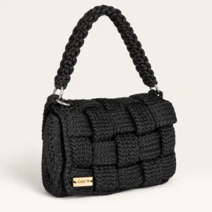 Black Woven Square Crochet Shoulder Bag – 25x17 cm