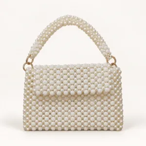 Handmade White Pearl and Sugar Bead Handbag, 24.5x7.5x15 cm