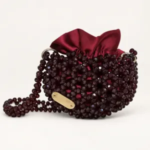 Custom Handmade Burgundy Glass Crystal Bead Drawstring Bag, 16x7x10 cm