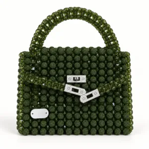 Handmade Olive Green Mixed-Bead Handbag, 24x7.5x15 cm
