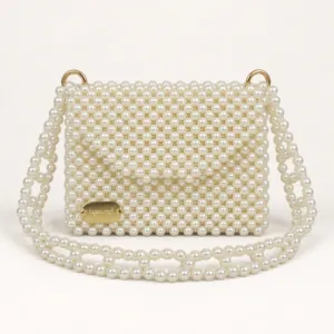 Custom Handmade White Pearl Shoulder Bag, 20x7.5x12.5 cm