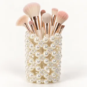 Handmade Ivory Pearl Beaded Makeup Brush Holder Organizer