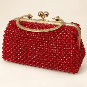 Handmade Red Crystal Beaded Metal-Frame Bag, 10x20 cm