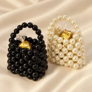 Mini Pearl Beaded Basket Favor in Black or Ivory, 4x3 cm