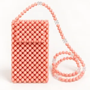 Handmade Coral Pearl Beaded Crossbody Phone Bag, 19x10 cm