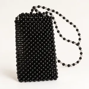 Handmade Black Pearl Beaded Crossbody Phone Bag, 18x10 cm