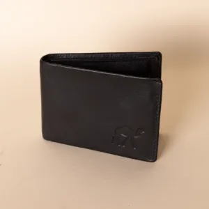محفظة رجالية سوداء بطاقتين وجيب نقود معدنية – أسود بشعار بارز – 10×7×1 سم