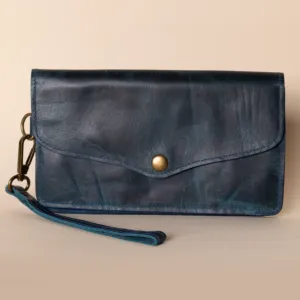 Leather Envelope Wallet with Wrist Strap – Navy Envelope – 19x10x1 cm