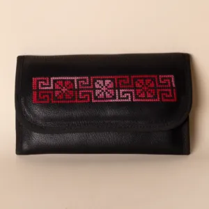 Geometric Leather Long Wallet – Black with Red Geometric Detail – 20x10x2 cm