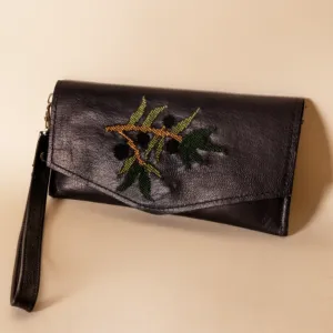 Olive Branch Leather Wristlet – Black Embroidered – 20x10.5x1 cm