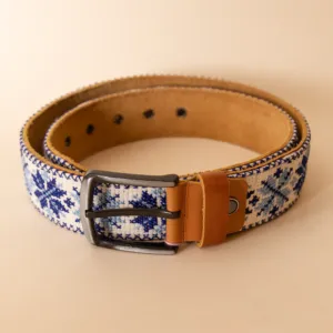 Embroidered Leather Belt – Tan with Blue Tatreez – 100x3.5 cm
