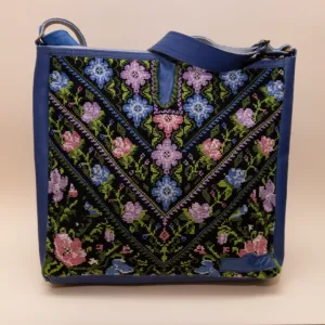 Leather Heritage Bag with Coin Purse – Blue Floral Panel – 30x32x10 cm