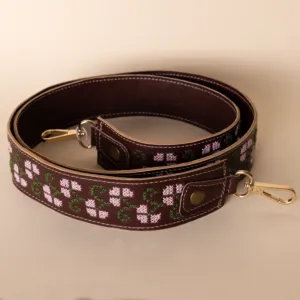 Embroidered Leather Bag Strap – Brown with Pink Tatreez – 4.5x114 cm