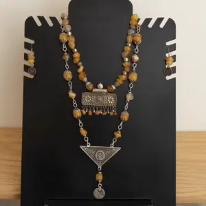 Heritage Yellow Agate Double Necklace Set with Indian and Silver Pendants
