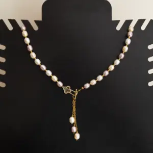 Three-Color Faux Pearl Front-Clasp Necklace with Gold-Plated Details