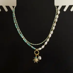Handcrafted Layered Pearl Crystal Sun-Charm Necklace